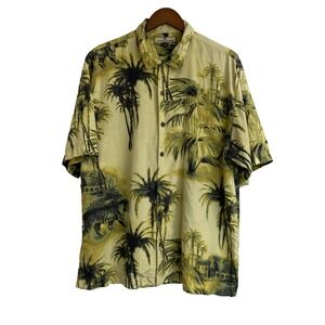 Tommy Bahama Shirts Mens Large Yellow Silk Palm Tree Tiger Hawaiian Camp Casual